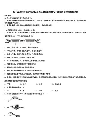 浙江省温州市瑞安市2023-2024学年物理八下期末质量检测模拟试题含解析.doc