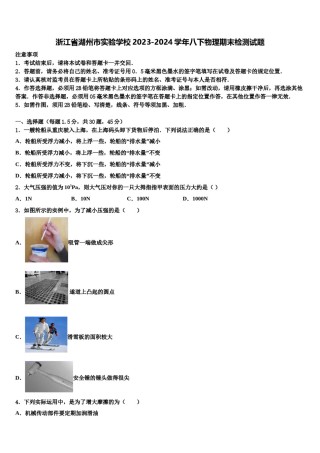 浙江省湖州市实验学校2023-2024学年八下物理期末检测试题含解析.doc