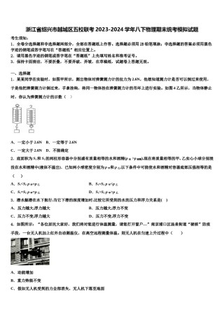 浙江省绍兴市越城区五校联考2023-2024学年八下物理期末统考模拟试题含解析.doc