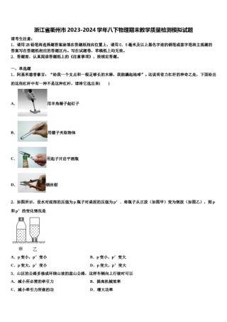 浙江省衢州市2023-2024学年八下物理期末教学质量检测模拟试题含解析.doc