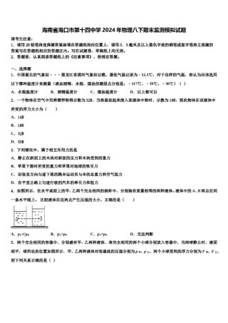 海南省海口市第十四中学2024年物理八下期末监测模拟试题含解析.doc