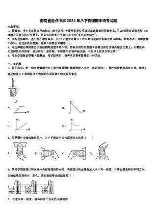 海南省重点中学2024年八下物理期末统考试题含解析.doc
