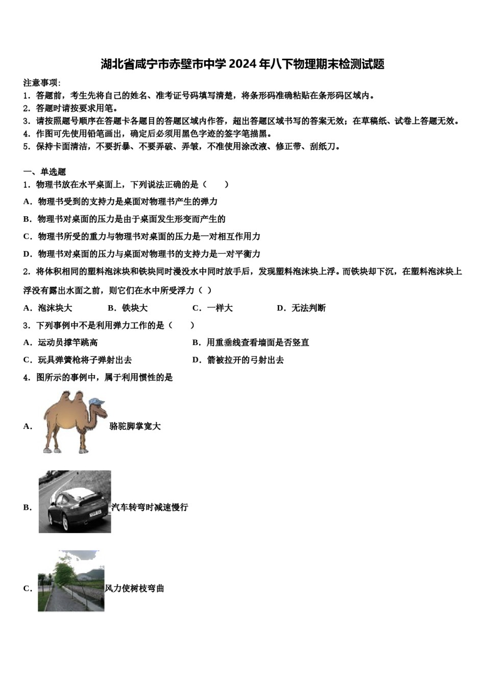 湖北省咸宁市赤壁市中学2024年八下物理期末检测试题含解析.doc_第1页
