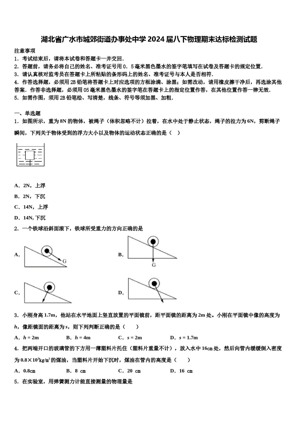 湖北省广水市城郊街道办事处中学2024届八下物理期末达标检测试题含解析.doc_第1页