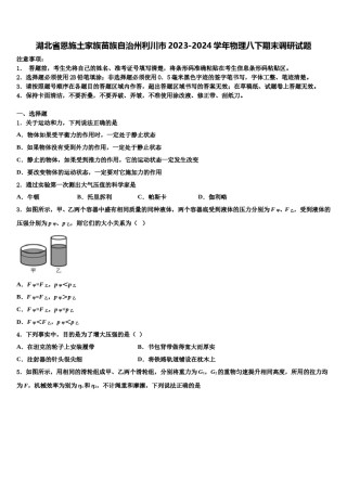 湖北省恩施土家族苗族自治州利川市2023-2024学年物理八下期末调研试题含解析.doc
