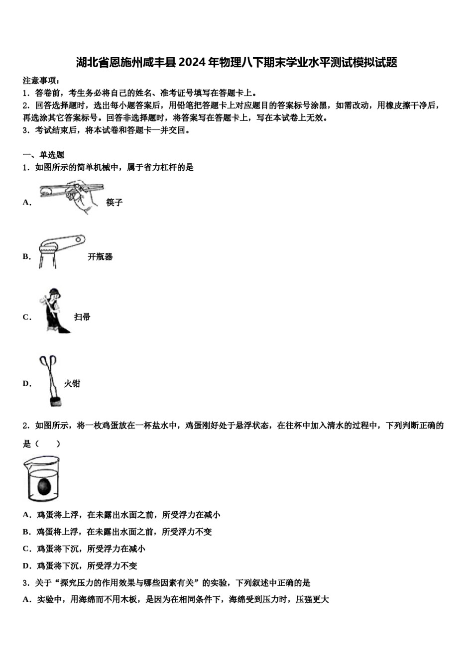 湖北省恩施州咸丰县2024年物理八下期末学业水平测试模拟试题含解析.doc_第1页