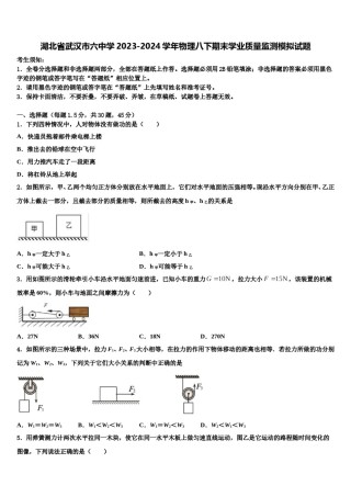 湖北省武汉市六中学2023-2024学年物理八下期末学业质量监测模拟试题含解析.doc