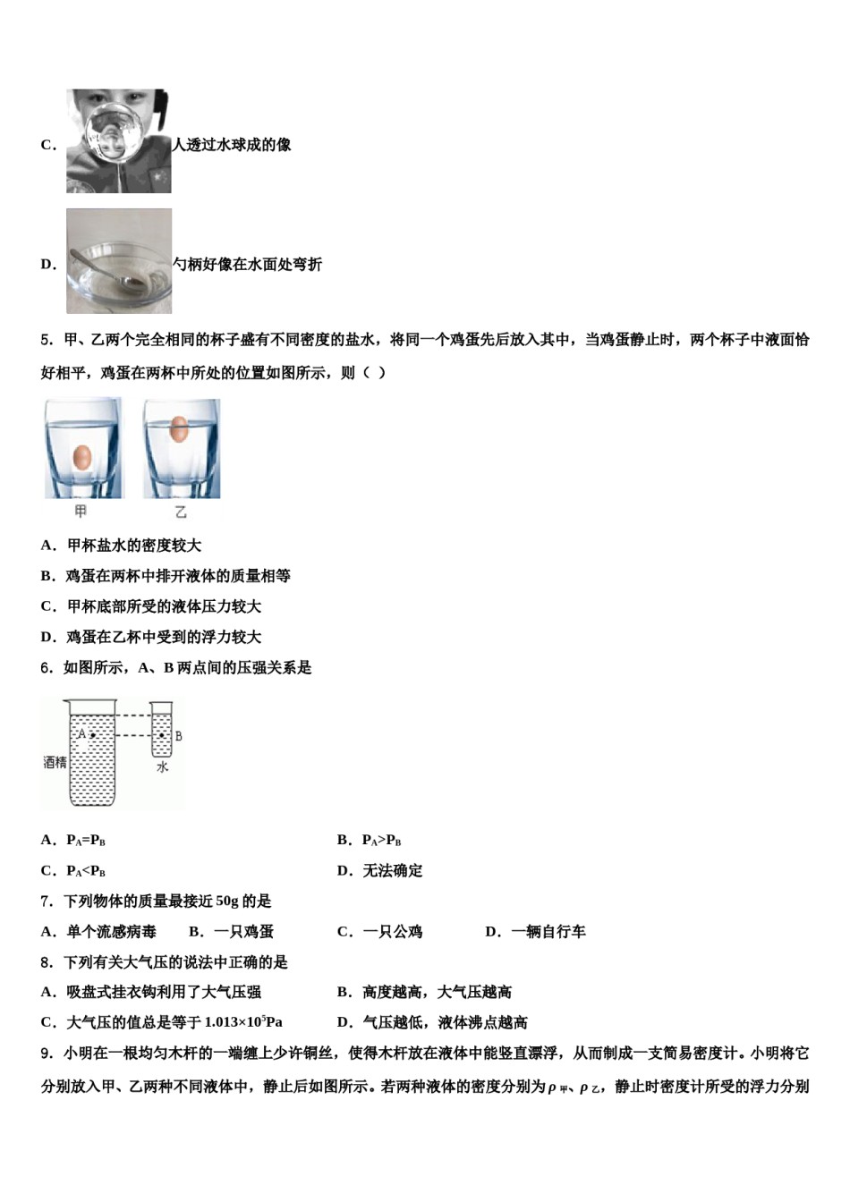 湖北省武汉市江汉区常青第一学校2023-2024学年物理八下期末复习检测试题含解析.doc_第2页
