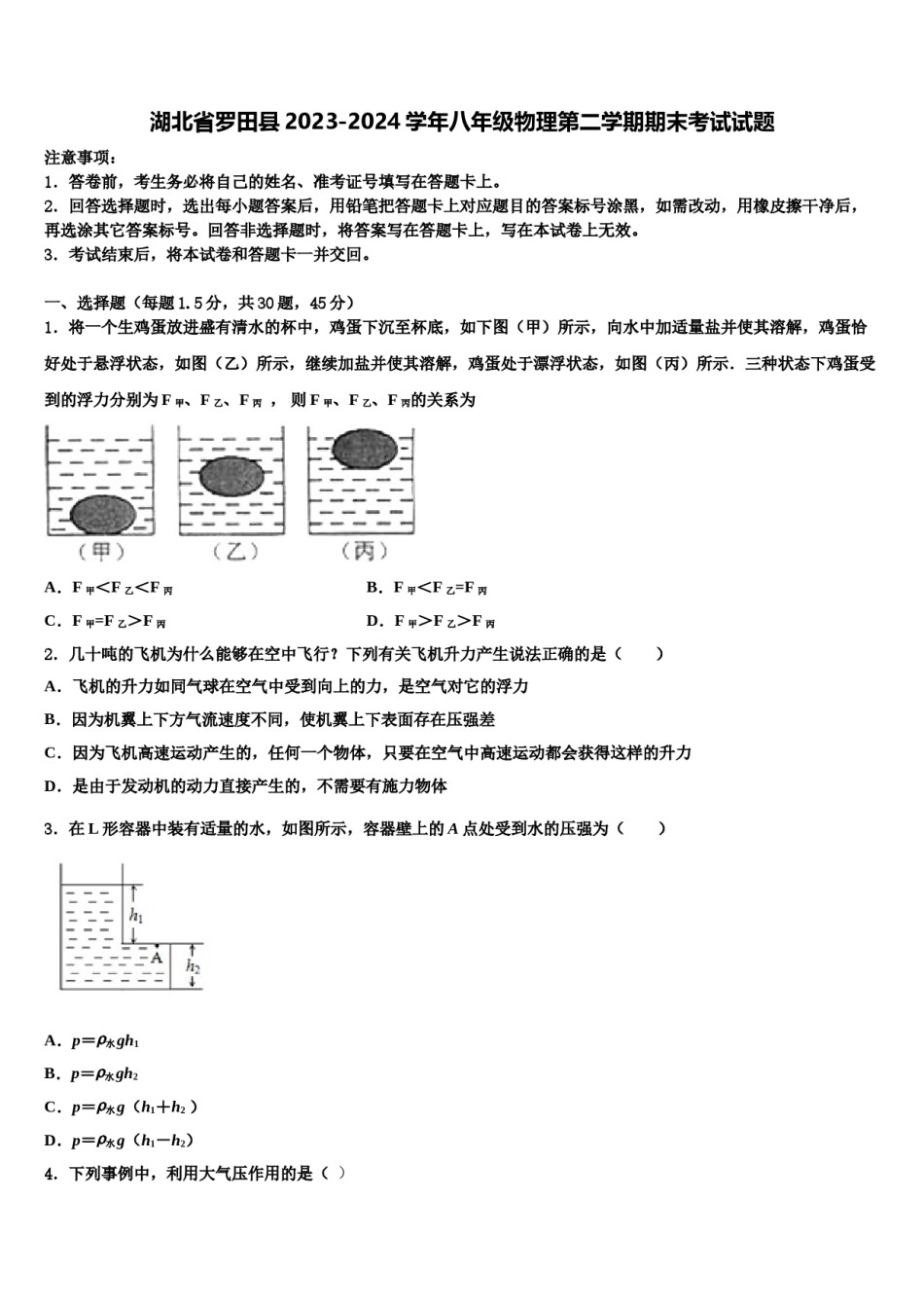 湖北省罗田县2023-2024学年八年级物理第二学期期末考试试题含解析.doc_第1页