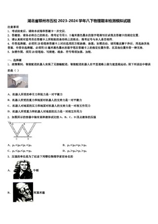 湖北省鄂州市五校2023-2024学年八下物理期末检测模拟试题含解析.doc