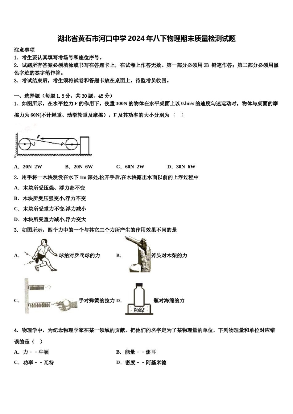 湖北省黄石市河口中学2024年八下物理期末质量检测试题含解析.doc_第1页