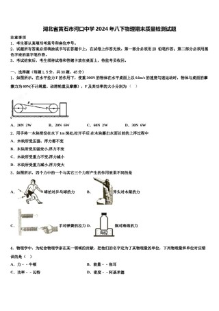 湖北省黄石市河口中学2024年八下物理期末质量检测试题含解析.doc