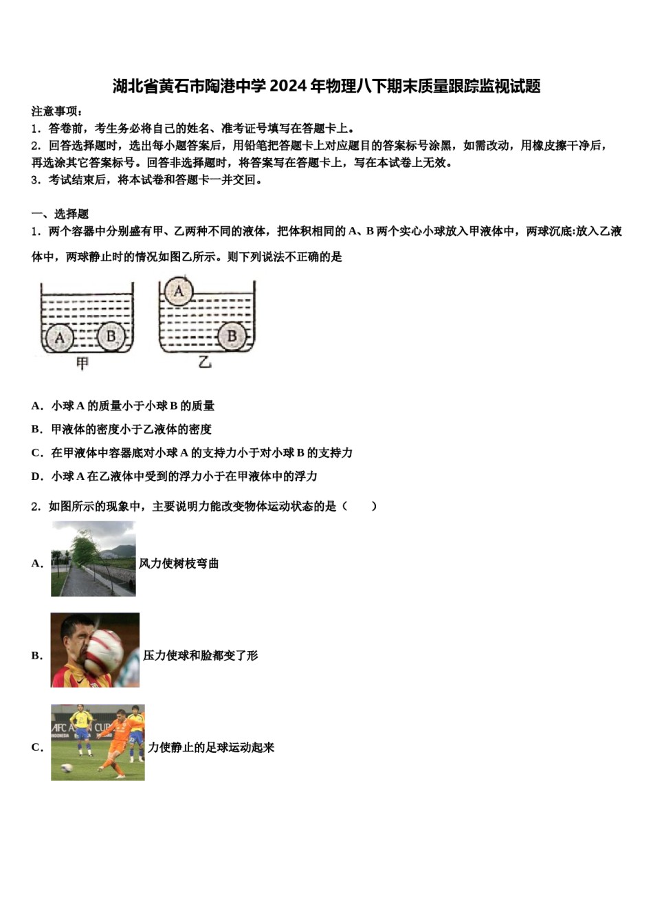 湖北省黄石市陶港中学2024年物理八下期末质量跟踪监视试题含解析.doc_第1页