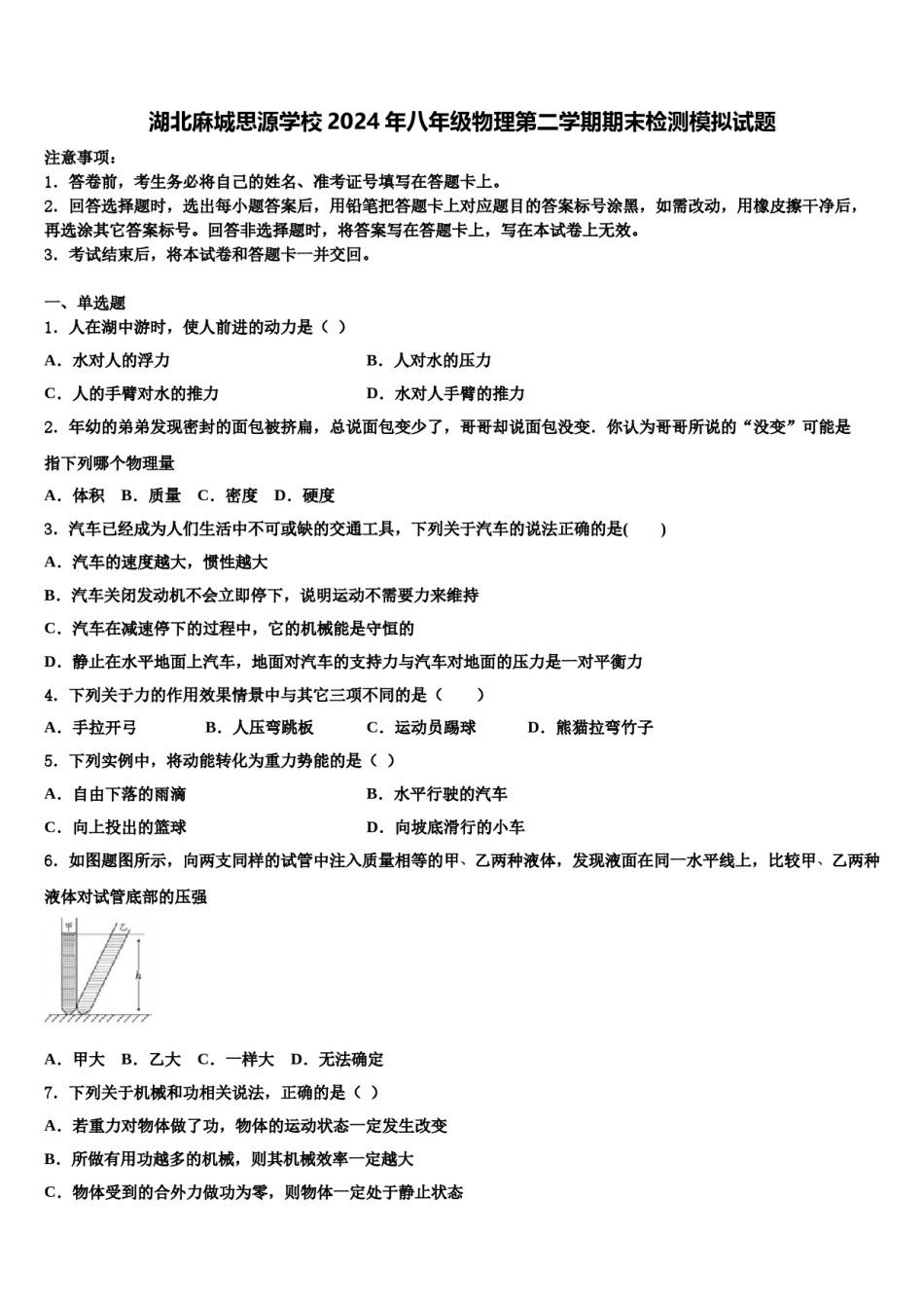 湖北麻城思源学校2024年八年级物理第二学期期末检测模拟试题含解析.doc_第1页