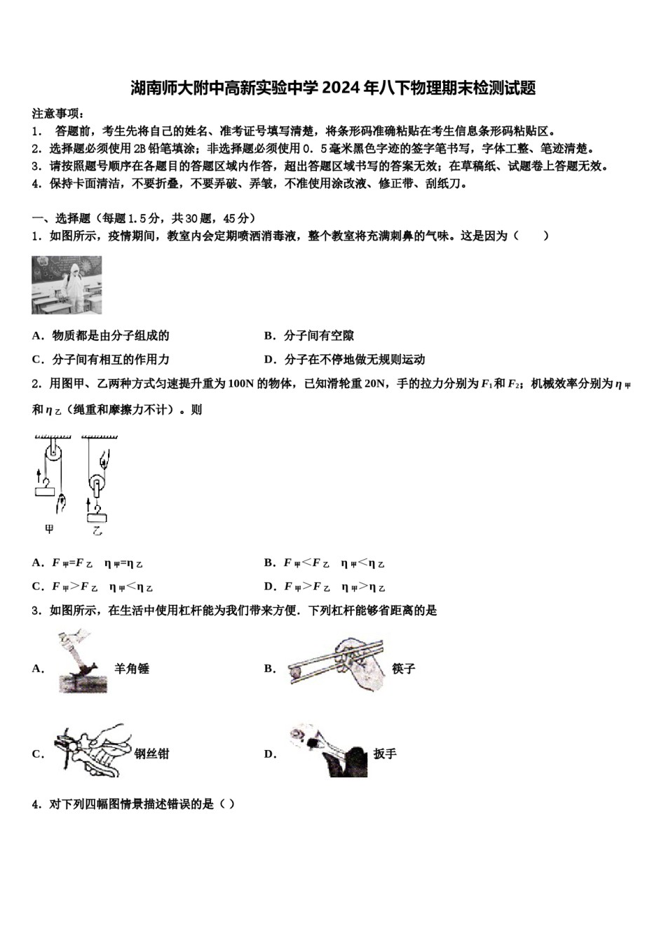 湖南师大附中高新实验中学2024年八下物理期末检测试题含解析.doc_第1页