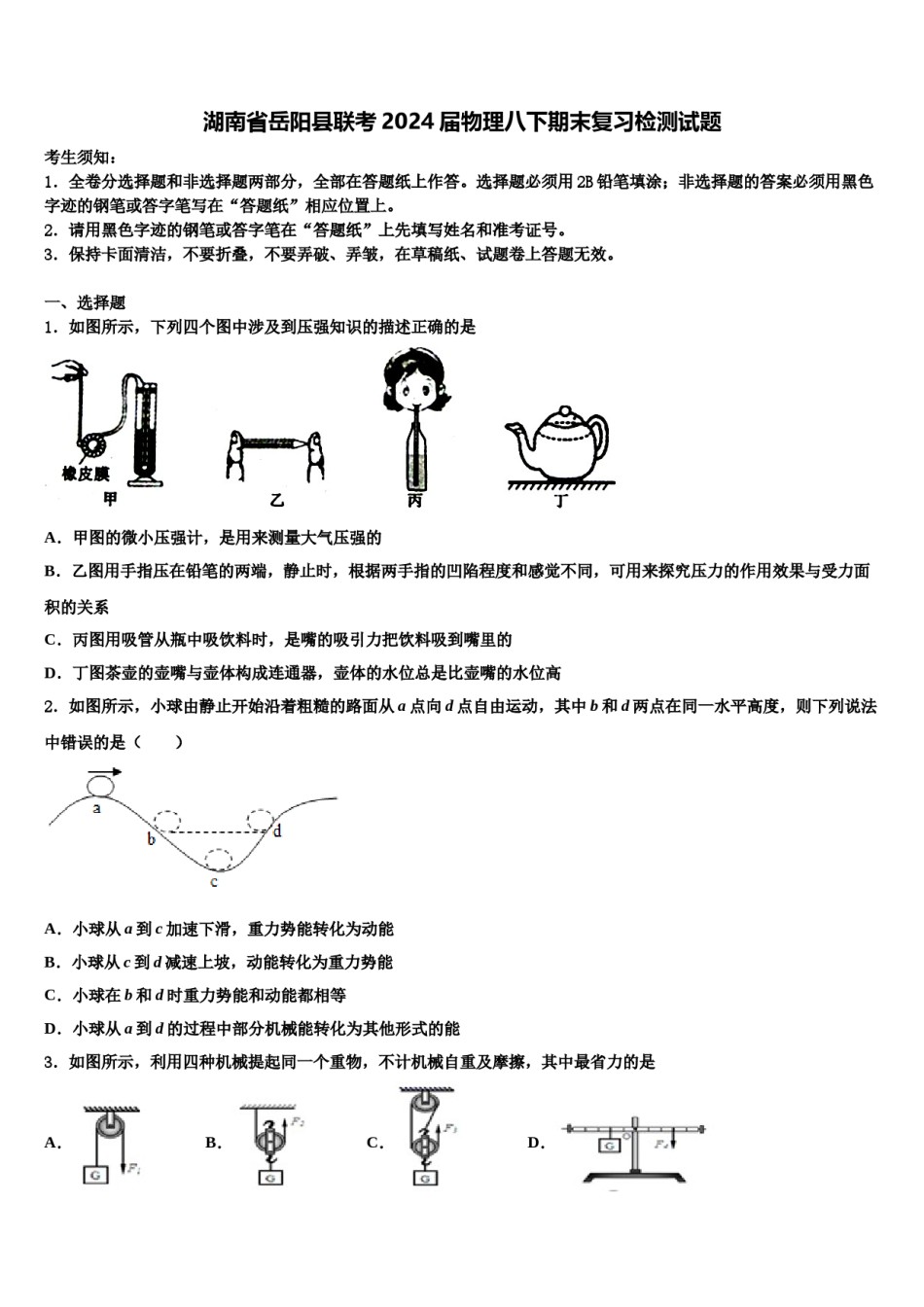 湖南省岳阳县联考2024届物理八下期末复习检测试题含解析.doc_第1页
