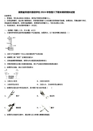 湖南省常德外国语学校2024年物理八下期末调研模拟试题含解析.doc