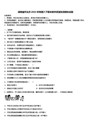 湖南省怀化市2024年物理八下期末教学质量检测模拟试题含解析.doc