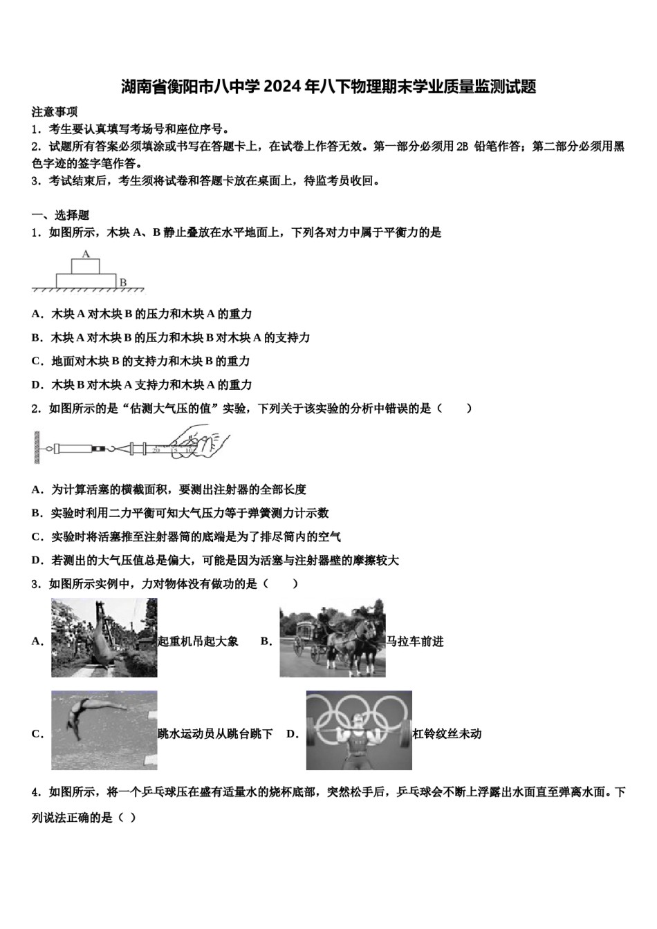 湖南省衡阳市八中学2024年八下物理期末学业质量监测试题含解析.doc_第1页