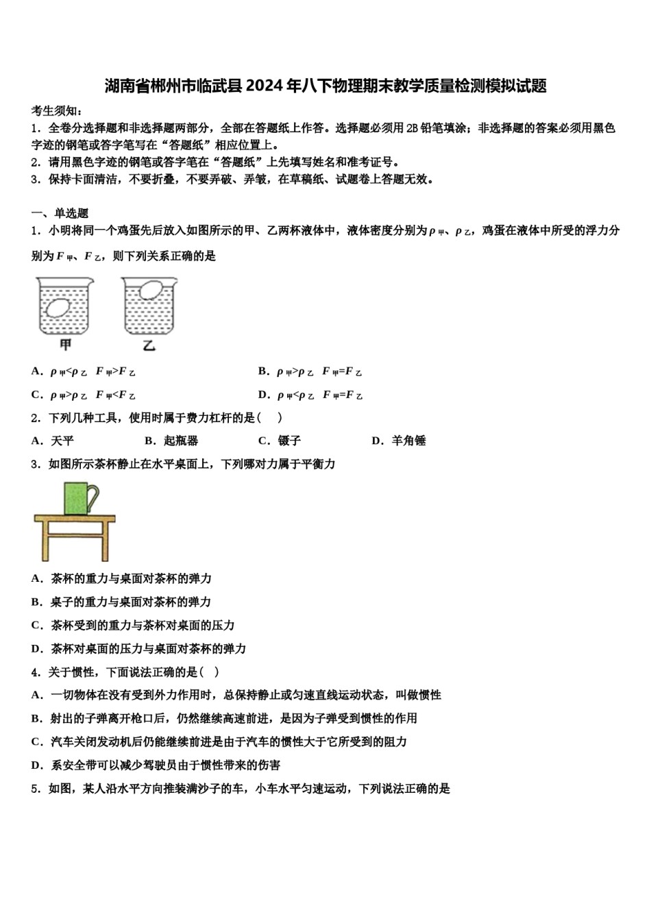 湖南省郴州市临武县2024年八下物理期末教学质量检测模拟试题含解析.doc_第1页