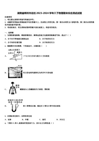 湖南省郴州市名校2023-2024学年八下物理期末综合测试试题含解析.doc