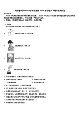 湖南省长沙市一中学教育集团2024年物理八下期末监测试题含解析.doc