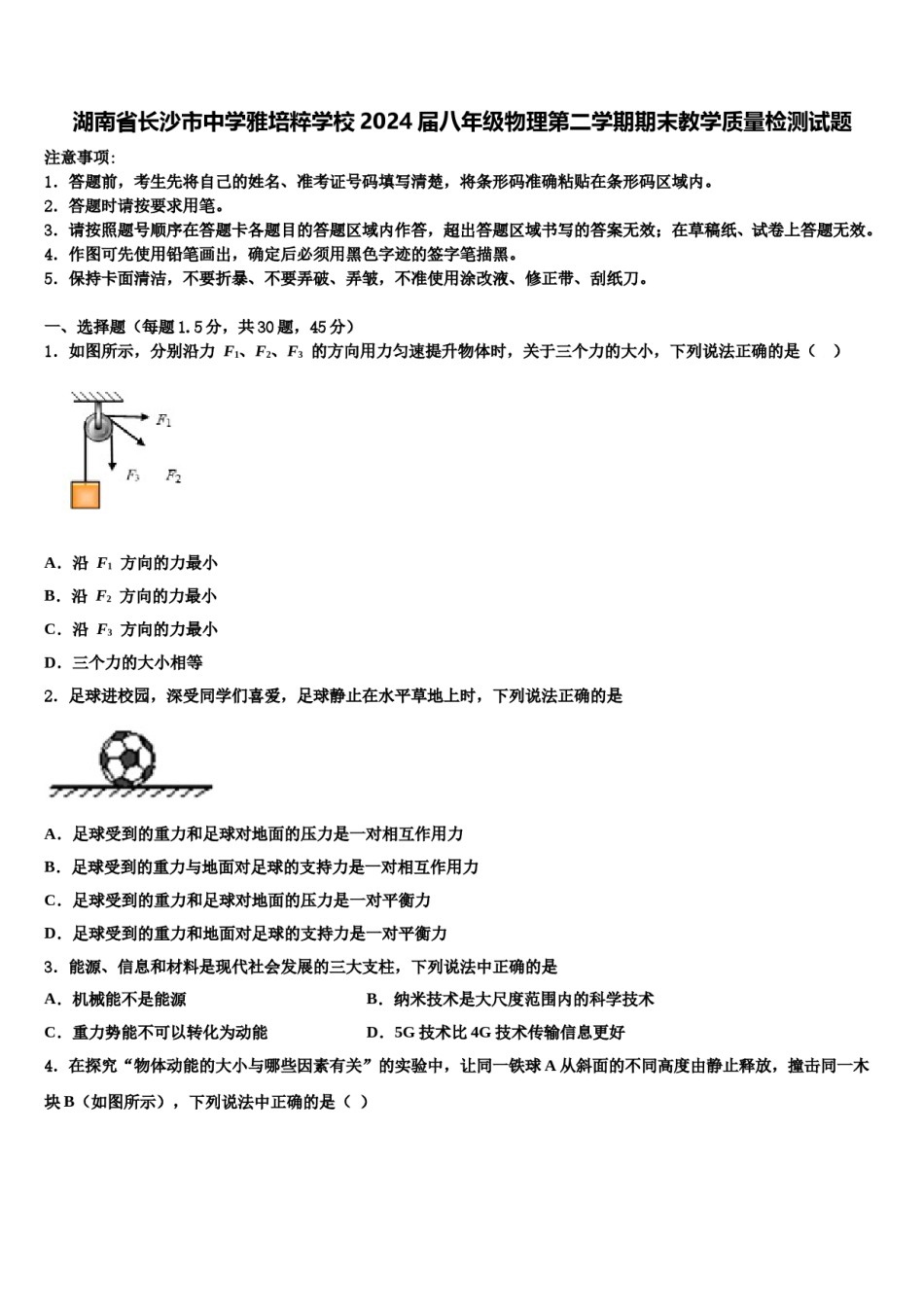 湖南省长沙市中学雅培粹学校2024届八年级物理第二学期期末教学质量检测试题含解析.doc_第1页