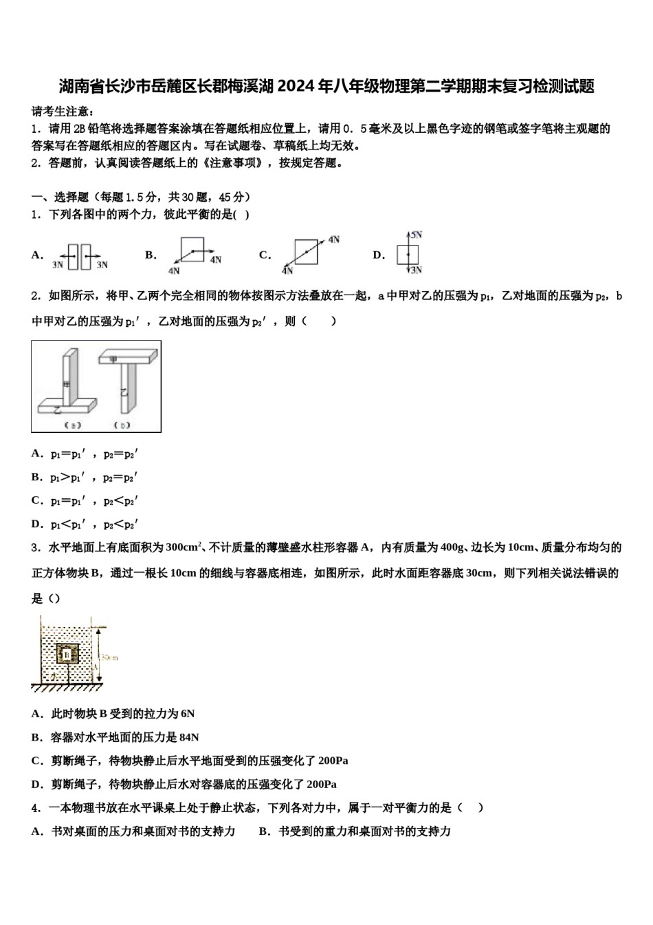 湖南省长沙市岳麓区长郡梅溪湖2024年八年级物理第二学期期末复习检测试题含解析.doc_第1页