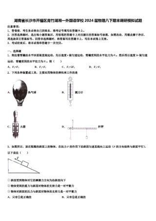 湖南省长沙市开福区青竹湖湘一外国语学校2024届物理八下期末调研模拟试题含解析.doc