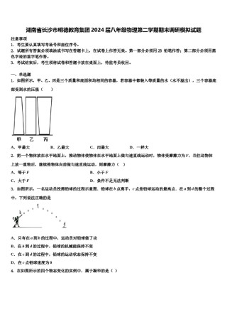 湖南省长沙市明德教育集团2024届八年级物理第二学期期末调研模拟试题含解析.doc
