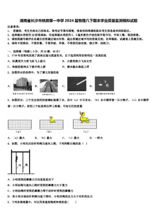 湖南省长沙市铁路第一中学2024届物理八下期末学业质量监测模拟试题含解析.doc