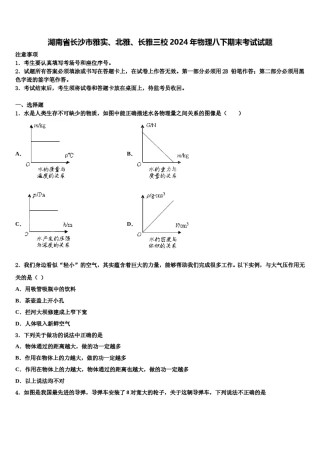 湖南省长沙市雅实、北雅、长雅三校2024年物理八下期末考试试题含解析.doc