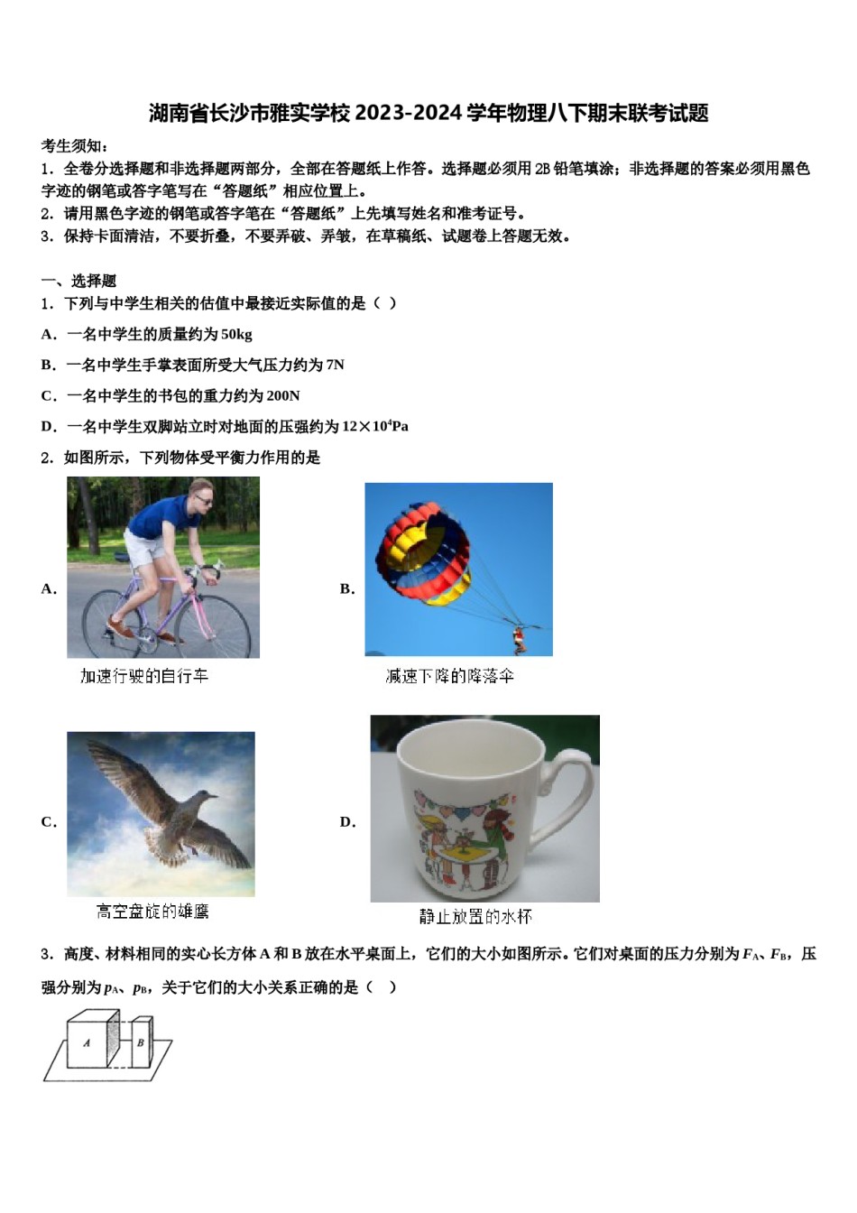 湖南省长沙市雅实学校2023-2024学年物理八下期末联考试题含解析.doc_第1页
