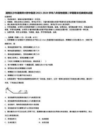 湖南长沙市湖南师大附中集团2023-2024学年八年级物理第二学期期末经典模拟试题含解析.doc