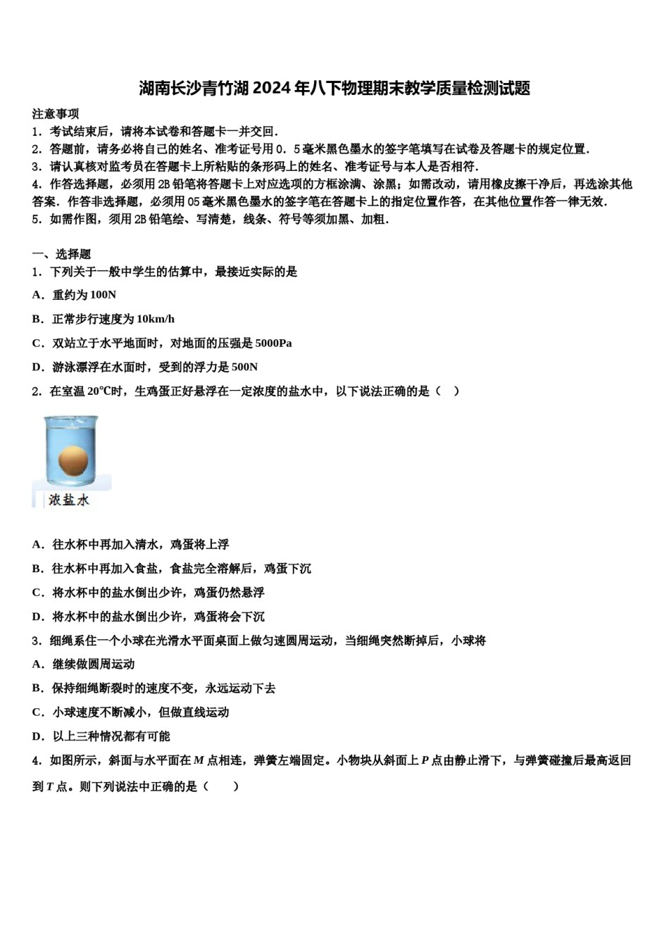 湖南长沙青竹湖2024年八下物理期末教学质量检测试题含解析.doc_第1页