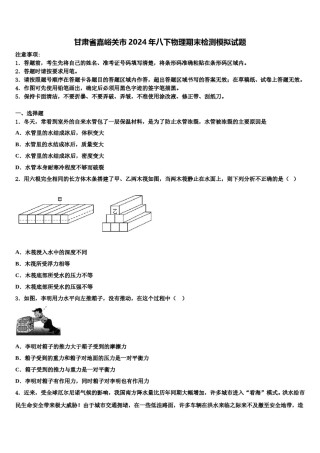 甘肃省嘉峪关市2024年八下物理期末检测模拟试题含解析.doc