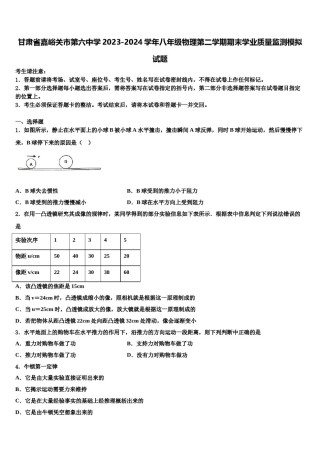 甘肃省嘉峪关市第六中学2023-2024学年八年级物理第二学期期末学业质量监测模拟试题含解析.doc