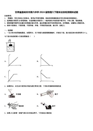 甘肃省嘉峪关市第六中学2024届物理八下期末达标检测模拟试题含解析.doc