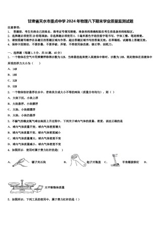 甘肃省天水市重点中学2024年物理八下期末学业质量监测试题含解析.doc