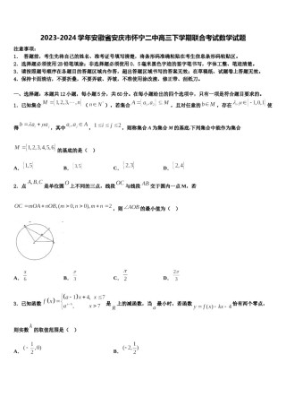 2023-2024学年安徽省安庆市怀宁二中高三下学期联合考试数学试题含解析.doc
