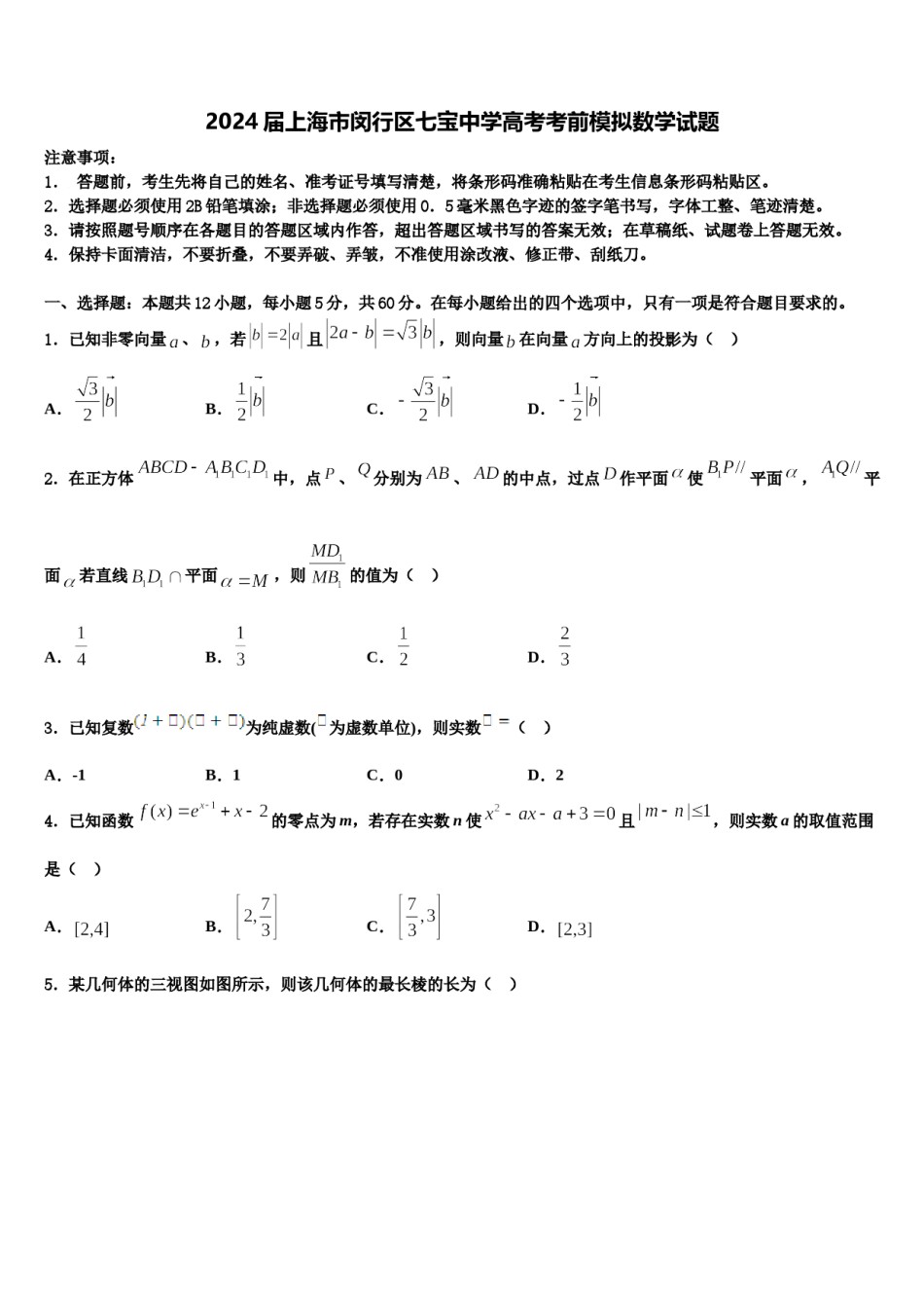 2024届上海市闵行区七宝中学高考考前模拟数学试题含解析.doc_第1页