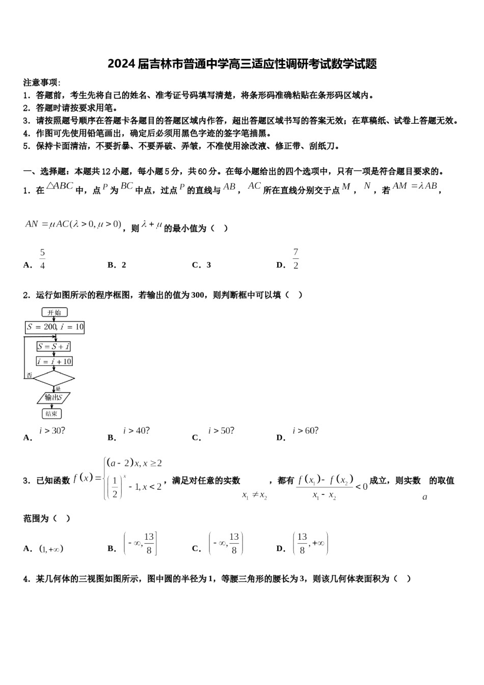2024届吉林市普通中学高三适应性调研考试数学试题含解析.doc_第1页