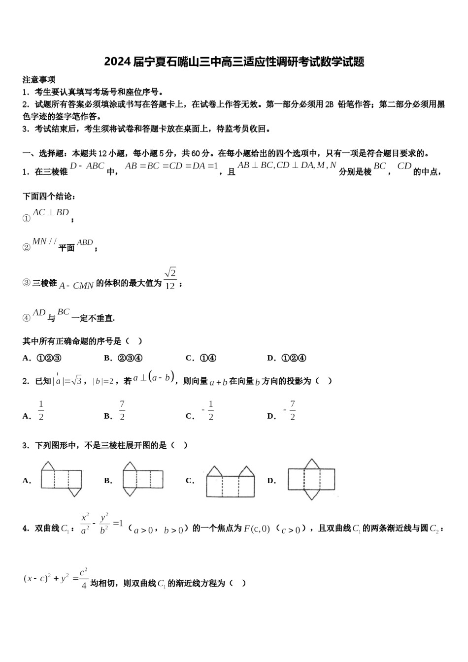 2024届宁夏石嘴山三中高三适应性调研考试数学试题含解析.doc_第1页
