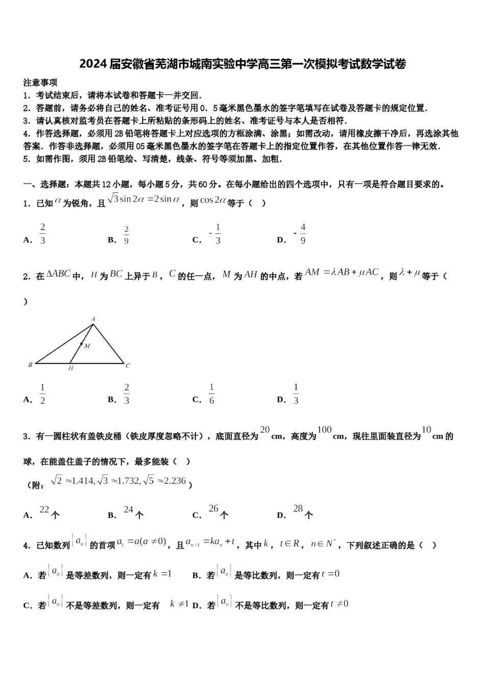 2024届安徽省芜湖市城南实验中学高三第一次模拟考试数学试卷含解析.doc_第1页