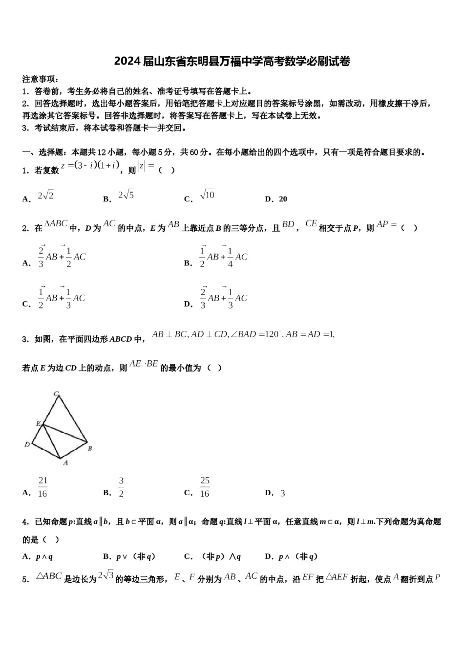 2024届山东省东明县万福中学高考数学必刷试卷含解析.doc_第1页