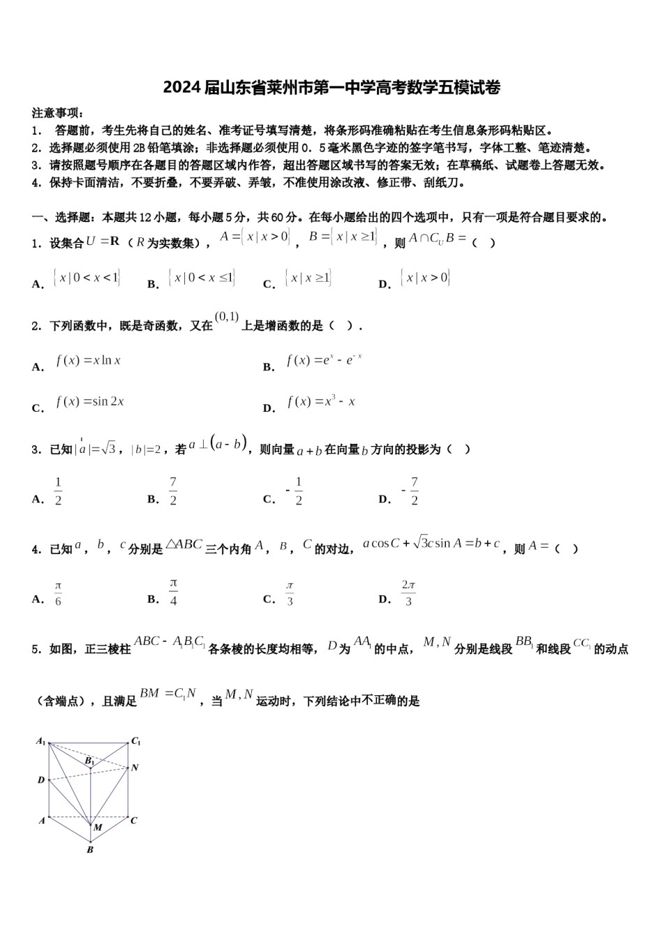 2024届山东省莱州市第一中学高考数学五模试卷含解析.doc_第1页