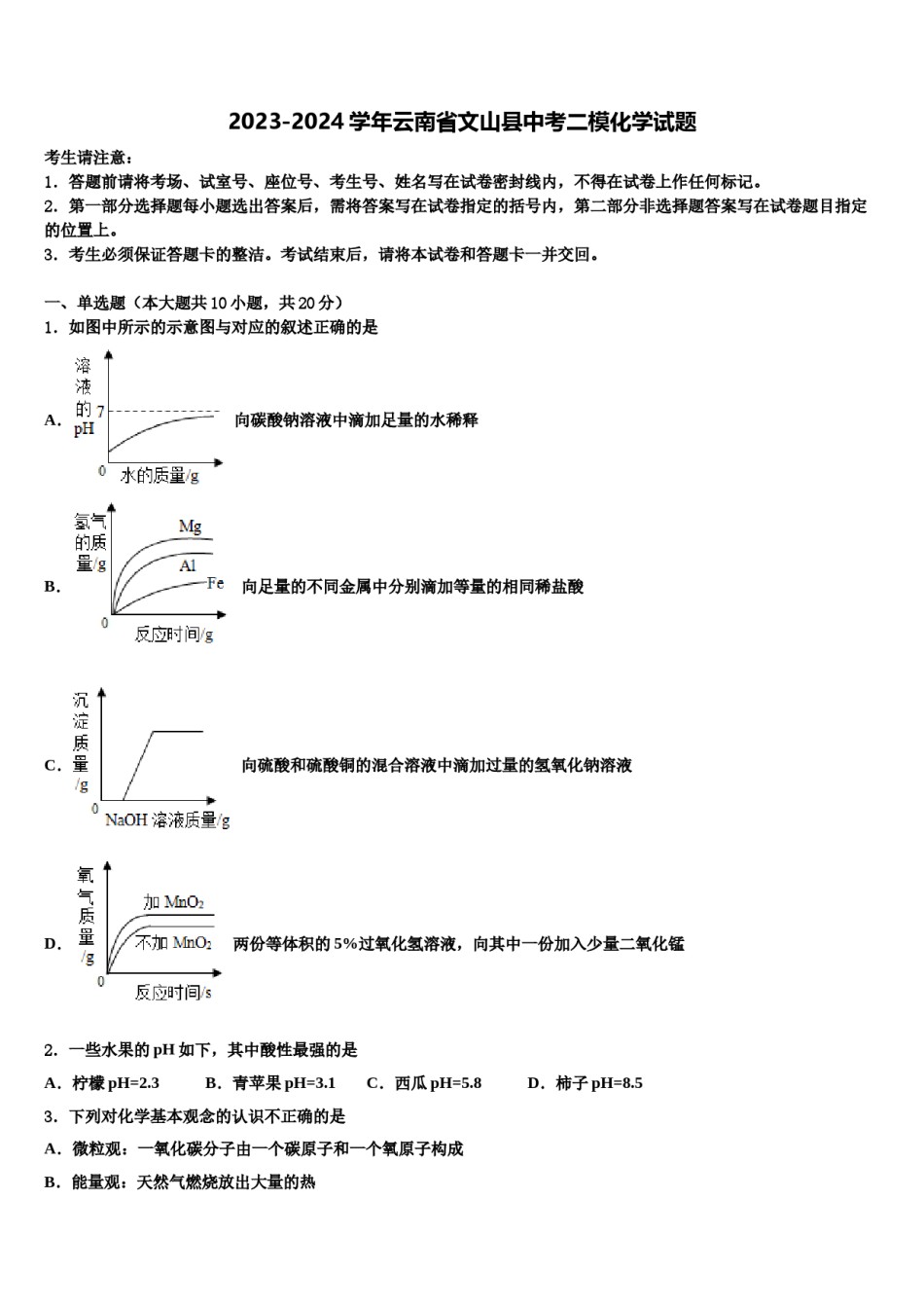 2023-2024学年云南省文山县中考二模化学试题含解析.doc_第1页