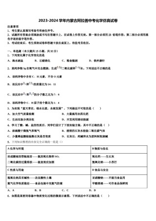 2023-2024学年内蒙古阿拉善中考化学仿真试卷含解析.doc