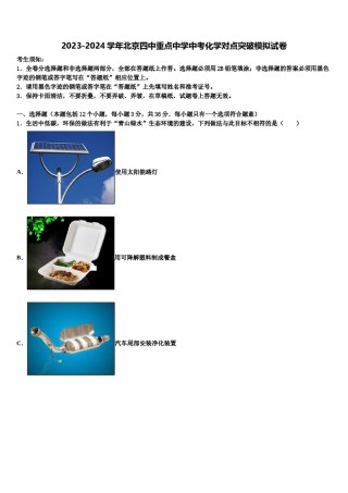 2023-2024学年北京四中重点中学中考化学对点突破模拟试卷含解析.doc