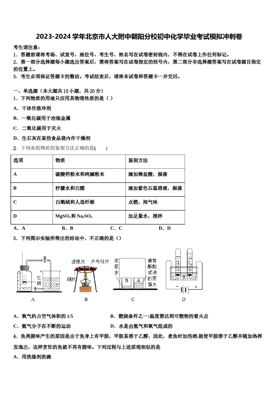 2023-2024学年北京市人大附中朝阳分校初中化学毕业考试模拟冲刺卷含解析.doc_第1页